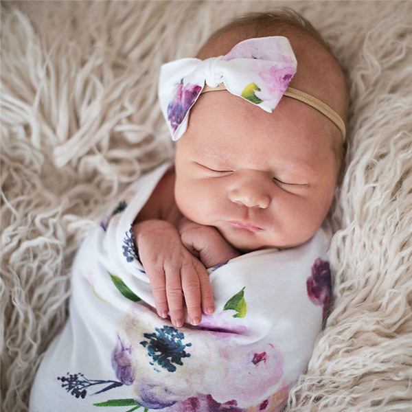 6 colors baby blanket Newborn floral printed sleeping bag 2pcs sets with bow headbands swaddle wrap blanket Swaddling Photographic props ST7