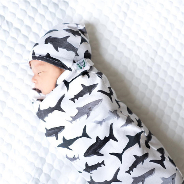 Newborn Baby Swaddle Wrap Sleeping Bags Hats 2PCS Set INS Cartoon Animal Print Swaddle Blanket Sleeping Swaddles Cap Wrap Bag E22602