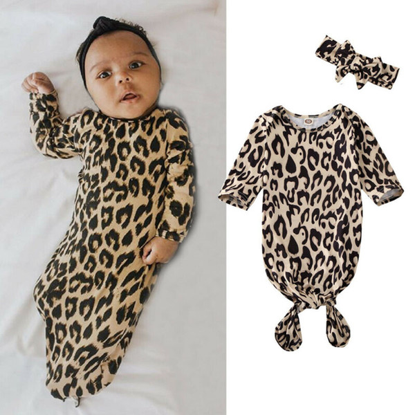 Newborn Baby Kids Sleeping Bags Newborn Infant Blanket Long Sleeve Swaddle Wrap Headband 2PCS Leopard Outfits Set