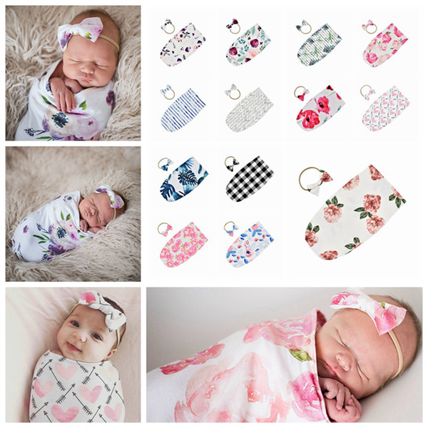 INS Newborn Floral Printed Sleeping Bag with Bow Headband 2pcs/set Soft Baby Swaddle Wraps Blankets Baby Photographic Props RRA2723