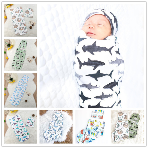 INS Newborn Baby Swaddle Wrap Sleeping Bags Hats Sets Cute Cartoon Muslin Wrap Hat Toddler Cocoon Swaddling Sleep Sacks Swaddle Caps E22602