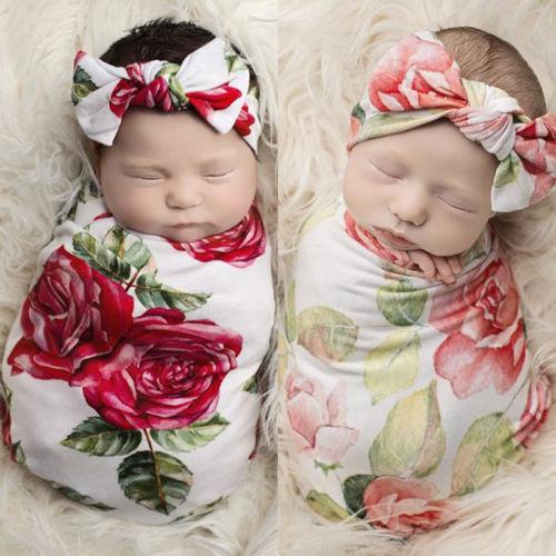 Toddler Infant Baby Swaddle Blanket Soft Sleeping Swaddle Muslin Wrap Headband floral casual