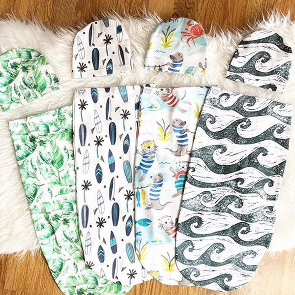 Lovely Baby Sleeping Bags Hats Newborn Cotton Cartoon Dinosaur Printing Sleep Sacks Toddler Swaddles Caps Swaddling Blanket E22602