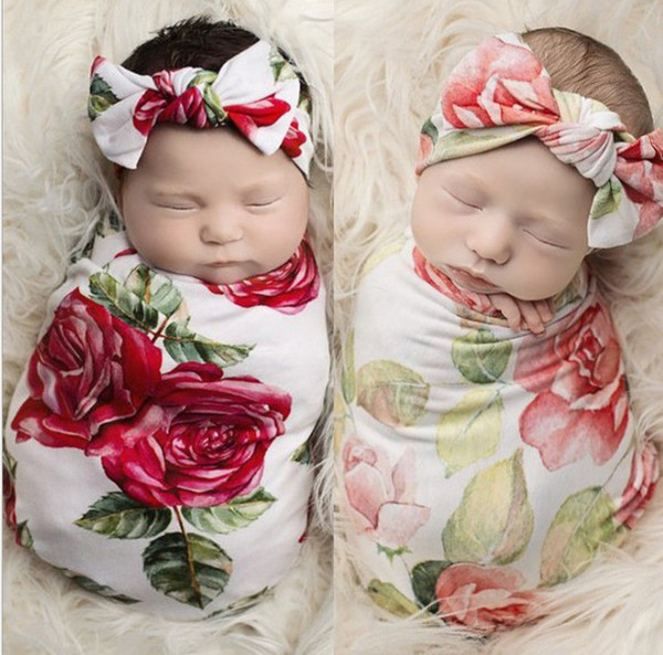 2019 Childrens Pretty Best Sale Baby Swaddle Wrap 7 Colors Infant Baby Sweet Floral Sleeping Bag And Bow Headband Set