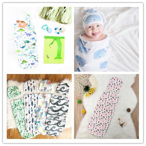 2020 New Newborn Baby Sleeping Bags Hats 2pcs/Set INS Cute Cartoon Animal Dinosaur Printed Blanket Sleeping Swaddles Cap Muslin Wrap E22602