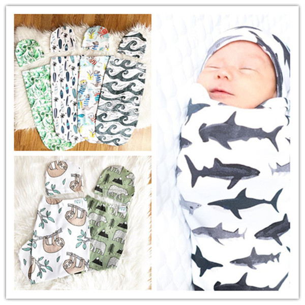 2020 Cute Baby Sleeping Bags Hats Newborn Cotton Cartoon Dinosaur Printing Sleep Sacks Toddler Swaddles Caps Swaddling Blanket Hot E22602