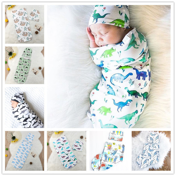 INS Newborn Baby Swaddle Wrap Sleeping Bags Hats Sets Cute Cartoon Muslin Wrap Hat Toddler Cocoon Swaddling Sleep Sacks Swaddle Caps E22602