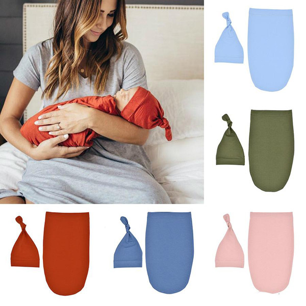 Baby Swaddle wrap Newborn Solid color Blankets kids Sleeping Bag Wrap with hat 2pcs/set 5 colors 47.5*26.7cm