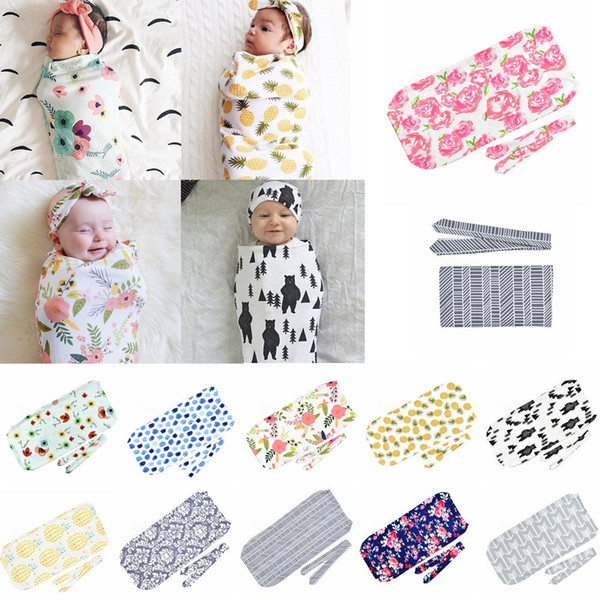 Baby Swaddle Blankets Newborn Cotton Flowers Pineapple Baby Sleeping Bag Muslin Wrap with Headband Clothes Gifts 2pcs/lot FFA3671