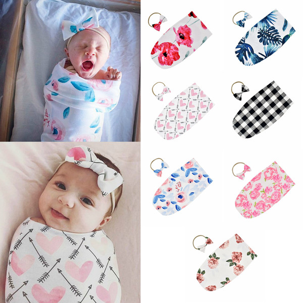 7styles Baby Sleeping Bags Newborn Infant Baby Swaddle Blanket Kid Baby Sleeping Swaddle printed Wrap floral Headband 2pcs/ lot FFA2197-1