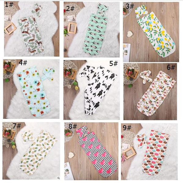 INS Baby Sleeping Bags + Headband Animal Deer Bear Flower Pineapple Cute Cartoon Printing Infant Sleeping Bag Newborn Cotton Wrapped A41101