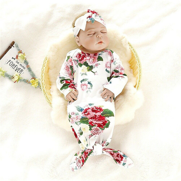 New Born Cotton Sleeping Bags Newborn Baby Girl Boy Floral Print Swaddle Wrap Blanket Sleeping Bag+Headband Outfit Set