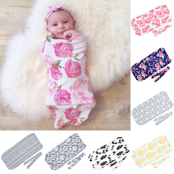 Infant Floral Cotton Swaddle Blanket With Hairband 2 Piece Set Sleeping Bags Muslin Wrap+Rabbit Ear Headband Newborn Baby Pajamas