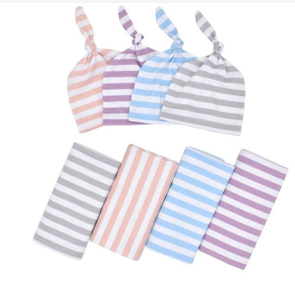 Newborn Swaddle Wrap Hat Stripe Cotton Baby Receiving Blanket Bedding Cartoon Cute Infant Sleeping Blankets For Boys Girls Free Shipping