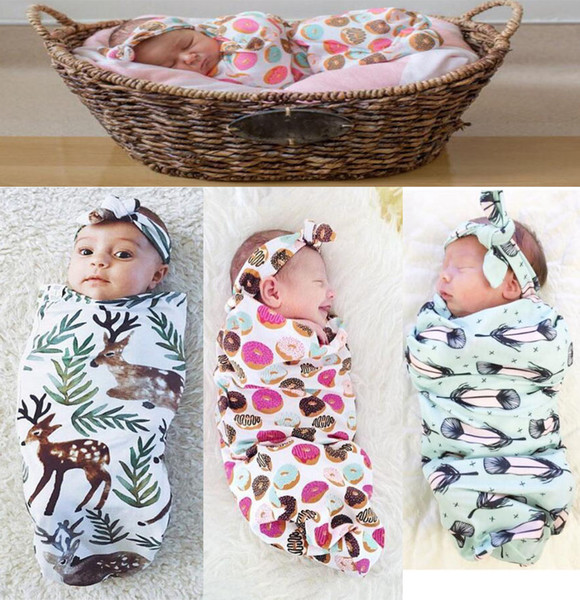 Ins New Infant Baby Swaddle Sleeping Bags Baby Boys Girls Muslin Blanket + Headband Newborn Baby Soft Cotton Cocoon Sleep Sack Two Piece Set