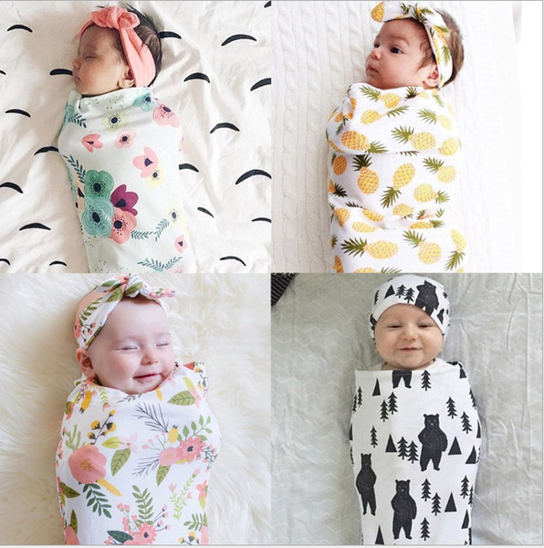 Baby Cocoon Sleeping Bag+Headbands 2 PC Set Multi Pattern Printed 0-3m Newborn Baby Swaddles Infant Cotton Thin Sleeping Bags