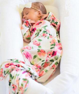 Babies kids sleeping bag Ins baby girls boys flower printed long sleeve swaddle+Bows hair band 2pc sets Newborn muslin blanket R0881