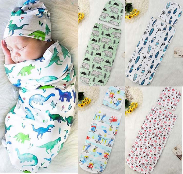 INS New baby sleeping bag + Hat European American style swaddles cartoon Dinosaur Shark flowers printed child sleeping bag infant wrapped B1