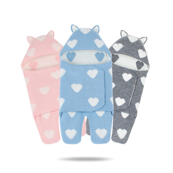 3 Colors Newborn Baby Knitted Sleeping Bags Heart Printed Infant Blanket Handmade Wrapped Super Soft Sleeping Bag With Hat 5pcs/lot