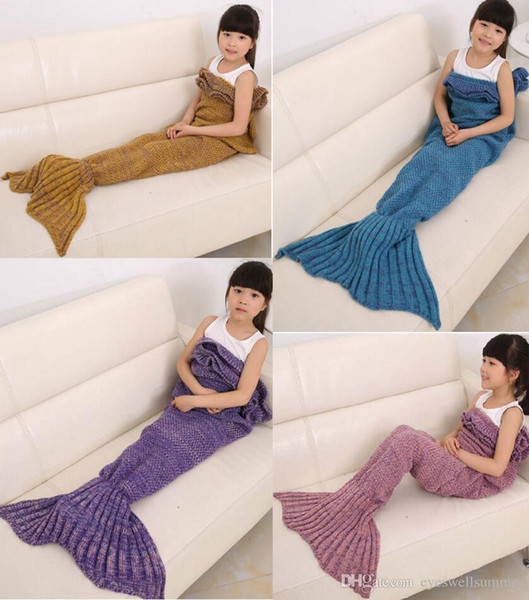 Free shipping Kids size Mermaid Tail blanket Wool Knitted Fish Tail blanket throw bed Wrap super soft sleeping bag 70x140cm with rim