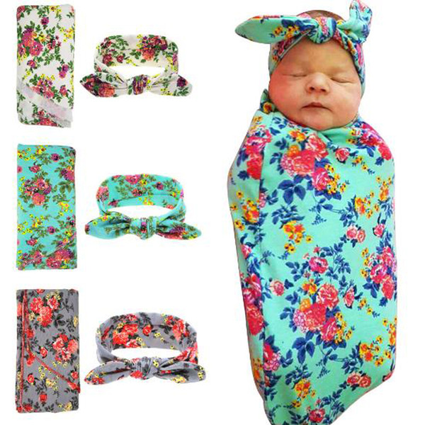 New Infant Baby Swaddle Sleeping Bags Boys Girls Wrapped Blanket Rabbit Ears Headband Soft Cotton Cocoon Sleep Sack Two Pieces Set