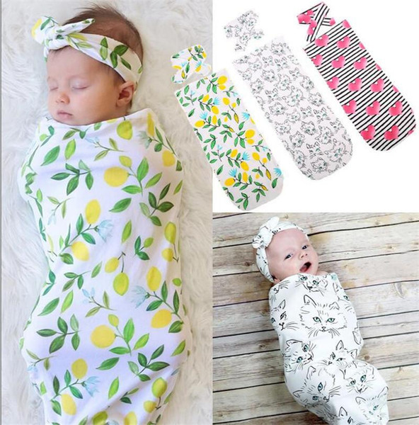 New Baby Sleeping Bags + Headband Animal Deer Bear Flower Pineapple Cute Cartoon Printed Infant Sleeping Bag Newborn Cotton Wrapped