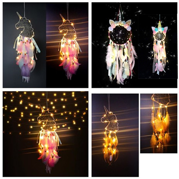 LED Wind Chimes Unicorn Handmade Dreamcatcher Feather Pendant Dream Catcher Creative Hanging Craft Wish Gift Home Decoration