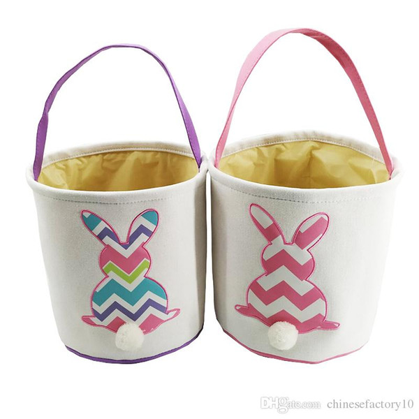 Easter Baskets Rabbit DIY Barrels Burlap Storage Bags Bunny Embroidered Wavy Rabbit Print Basket Handbags Rabbit Tail Basket Tote 4 Colors