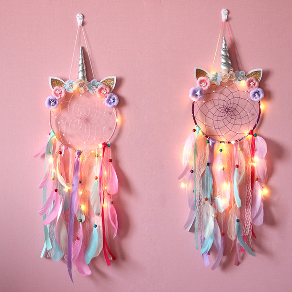 6 Colors LED Wind Chimes Unicorn Handmade Dreamcatcher Feather Pendant Dream Catcher Creative Hanging Craft Wish Gift Home Decoration C1698