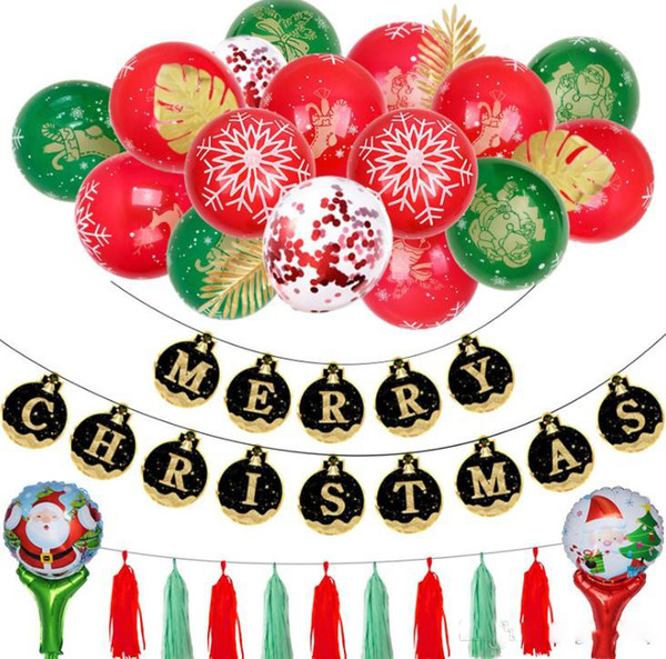Christmas balloons 12 inch hot gold red green printing x'mas balloon black gold paper cards Christmas flag balloon decorative chain