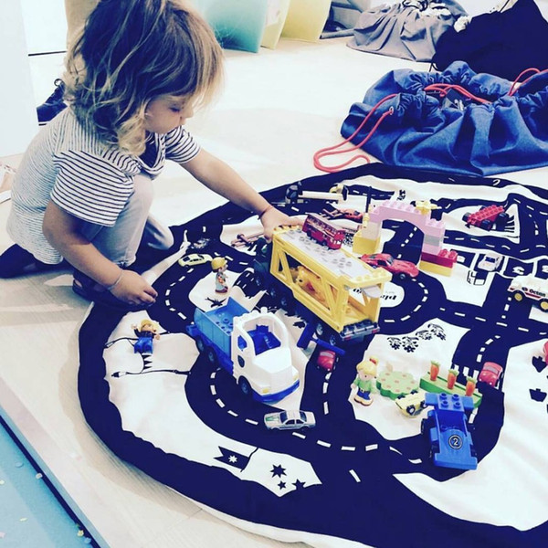 Kids Game Mats Toys Storage Bag Baby Crawling Blanket Round Play Mat Chilren Play Rug Racing Game Floor Carpet Infant Room 100% Cotton 140cm