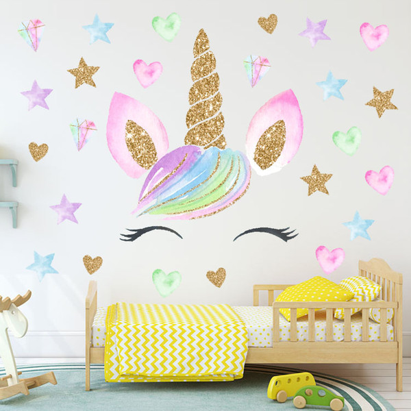 2pcs 28*28cm Children unicorn wall stickers baby Bedroom decoration wall sticker design kids home decor Wallpaper girl heart pictures