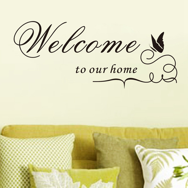 Retail 60*25Cm Welcome To Our Home Wall Lettering Stickers, Black Cute Butterfly Wall Decor Decals for Living Room Bedroom Decoration