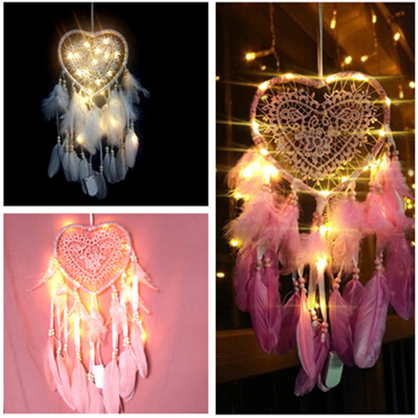 LED Hollow Love Dream Catcher Dreamcatcher Feather Pendant Dream Catcher Creative Hanging Craft Wish Gift Home Decoration 3 color