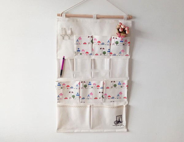 45*74cm House Car Printed Pockets Storage Hanging Bag Sundries Storage Bag Multi-layer Fabric Cotton Linen Bag Can be Hanging Key