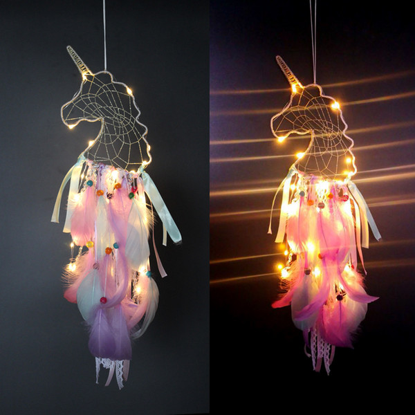 8 styles LED Wind Chimes Unicorn Handmade Dreamcatcher Feather Pendant Dream Catcher Creative Hanging Craft Wish Gift Home Decoration C6756