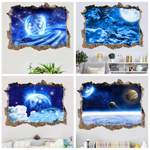 45*60cm window 3d wallpaper PVC universe planet blue starry background 3D broken wall fake window Home Decor wall stickers 4 styles