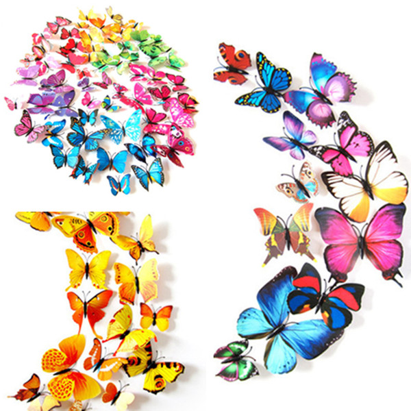 12PCS/LOT 3D Butterfly Wall Sticker Magnet Fridge Stickers 3D Butterflies Pin Removable PVC Cartoon Wall Decor for Party Home Cloth A21504