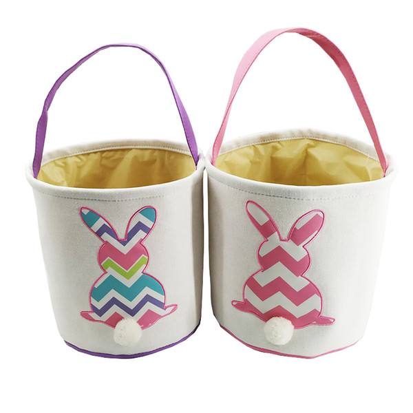 Easter Baskets Rabbit DIY Barrels Burlap Storage Bags Bunny Embroidered Wavy Rabbit Print Basket Handbags Rabbit Tail Basket Tote 4 Colors
