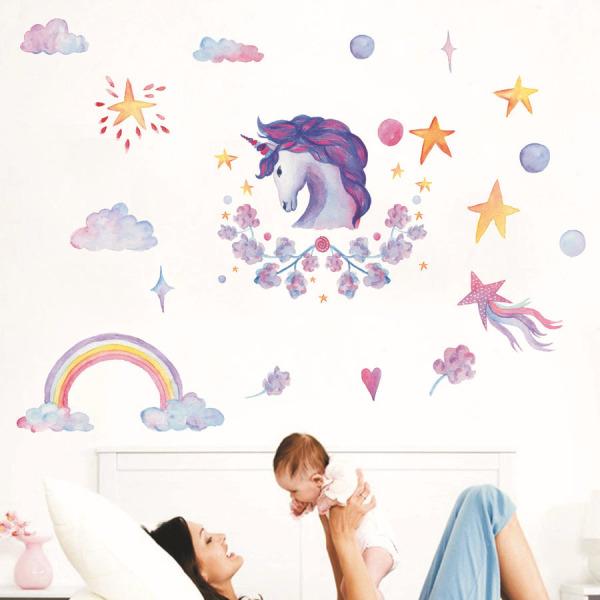 Wholesale- Purple Colorful Flower Purple Unicorn Wall Sticker Rainbow Star Diy Wall Decal For Kids Room Nursery Art Mural Home Decor V308