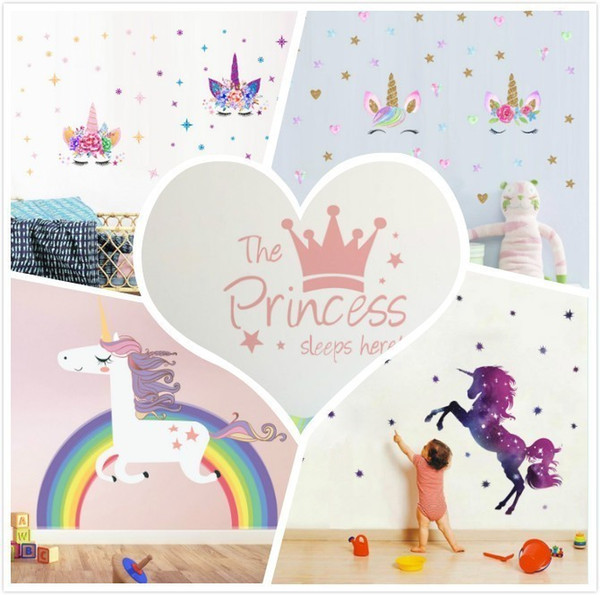 New 5 Styles Unicorn Princess Theme PVC Wall Stickers Pink Stars Galaxy Rainbow Nursery Decoration Baby Kids Bedroom Unisex