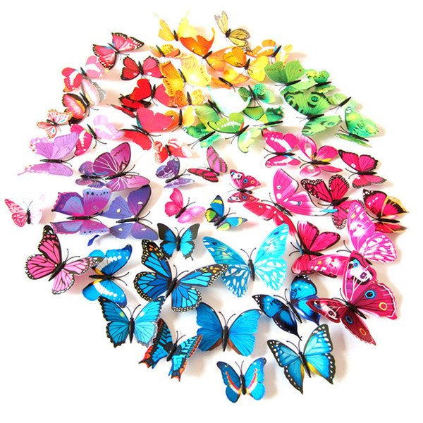 12PCS/LOT 3D Butterfly Wall Sticker Magnet Fridge Cartoon Stickers 3D Butterflies Pin PVC Removable Wall Party Home Cloth Decors A21504