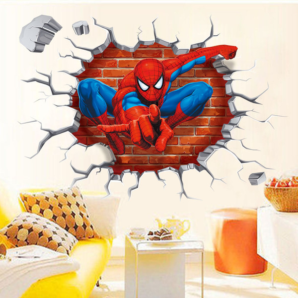 3D Effect Super Hero Spiderman Wall Stickers Decor Kid's Room Stickers PVC decals American Superhero Breaking Wall Stickers For Nursery