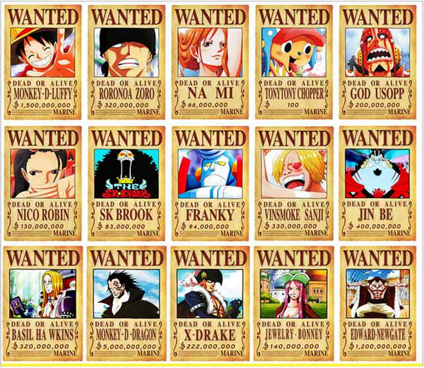 One Piece wanted 1 set/ 66 pieces Vintage paper anime Pinup wall Stickers Posters Luffy Wanted brown paper One Piece about 42*29cm