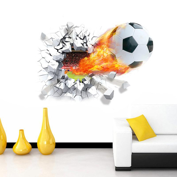 Firing football through wall stickers kids room decoration . home decals soccer funs 3d mural art sport game pvc poster 5.0