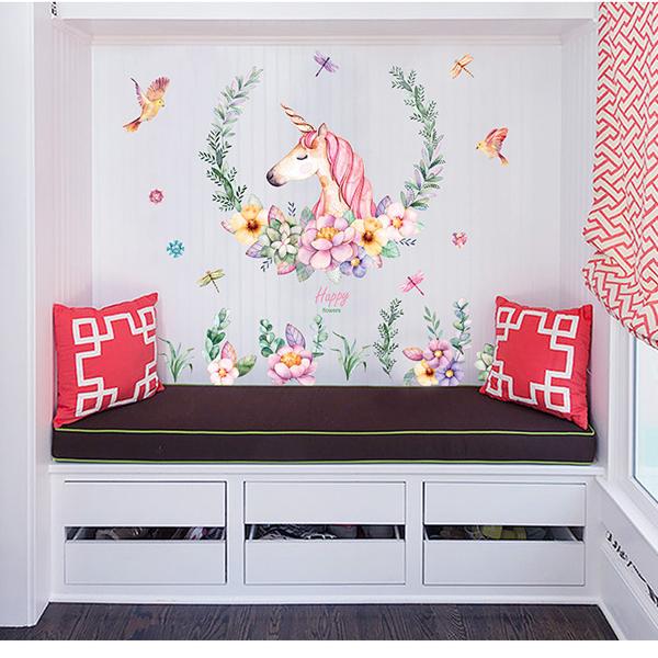 Hot New Cartoon Unicorn Petal Birds Stickers Animal Home Decor Living Room Bedroom Decals Wallpaper Children Wall Stickers V305