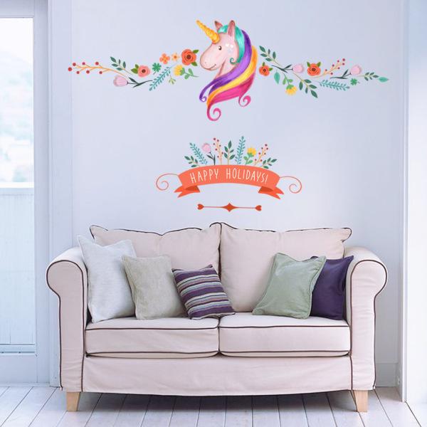 Free Shipping - Flower Happy Holidays Unicorn Decorative Wall Stickers For Kids Window Glass Decorations Nursery Room Decals Birthday V306