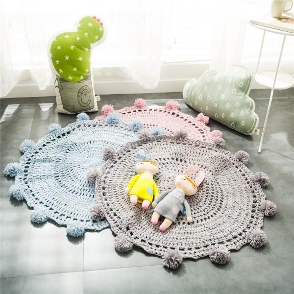 Wholesale- Fashion Nursery Baby Rug Hollow manual Hair ball knitting Circular Carpet Mats Baby Bedroom Living Carpet Floor Mat 80*80CM JN254
