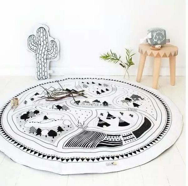 Hand Printed Kids Play Game Mats Baby Room Crawling Blankets Children Play Rugs Nursery Padded Round Racing Games Carpet 100% Cotton 95cm