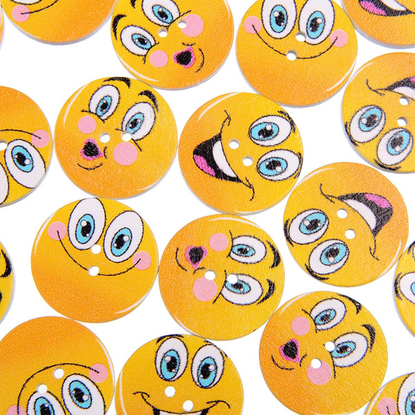 200PCS Smiley Face Painted 25MM Wooden Buttons Boots Coat Sewing Clothes Accessories